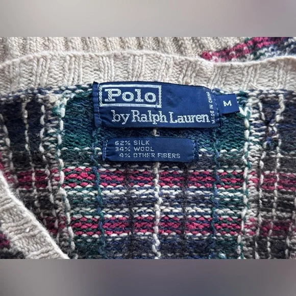Vintage 90s Polo Ralph Lauren Silk Wool V Neck Sweater Multicolor Size M